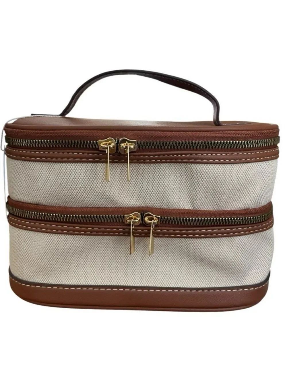 Primark Brown Beige Makeup Bag Cosmetic Travel Case Double Compartment NWT